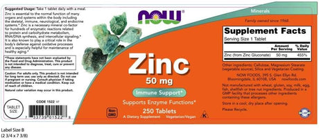 Suplementos NOW, Zinc 50 mg, 250 tabletas, Pack de 1