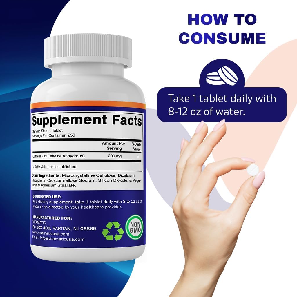 Píldoras de Cafeína Vitamatic 200mg, 250 Tabletas Vegetarianas