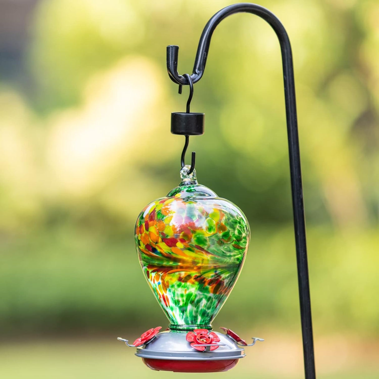 Muse Garden - Comedero para colibríes para exteriores vidrio soplado a mano, 34 onzas, foso de hormigas incluido, Peacock