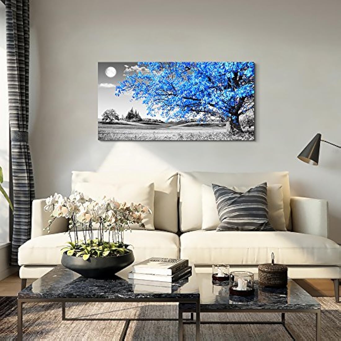 Arte de pared para sala de estar simple vida azul árbol luna
