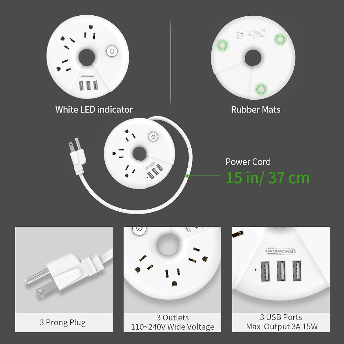NTONPOWER - Tira de alimentación de viaje, 3 tomas, blanco