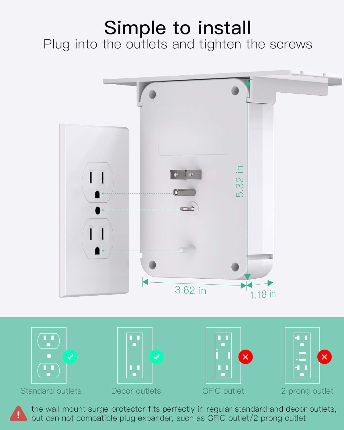 Extensor de toma de corriente de pared con protector de sobretensión, 6 salidas de CA, estante, 2 puertos de carga USB y USB C, expansor de enchufe para el hogar y el dormitorio