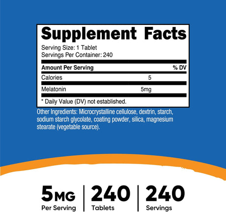 Melatonina 5mg Nutricost, 240 Tabletas, No GMO, Sin Gluten