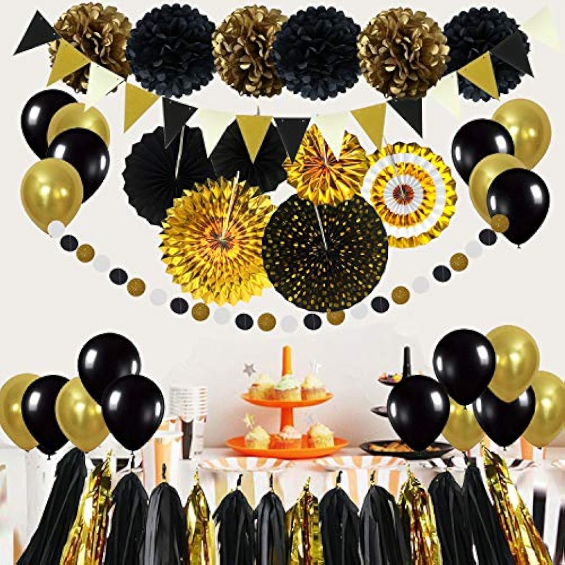 Decoraciones en negro y dorado,para fiesta. Marca Pyle