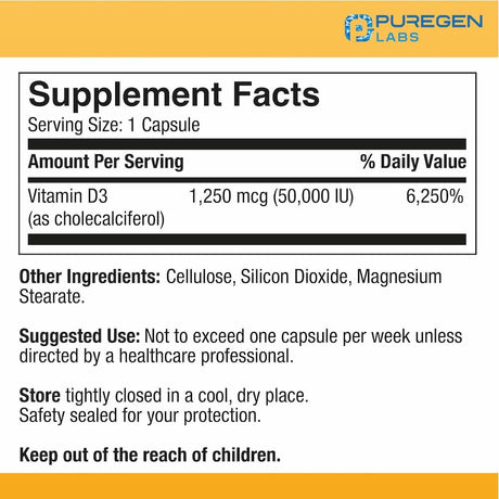 Vitamin D3 50,000 IU Puregen Labs, 100 Cápsulas Vegetales