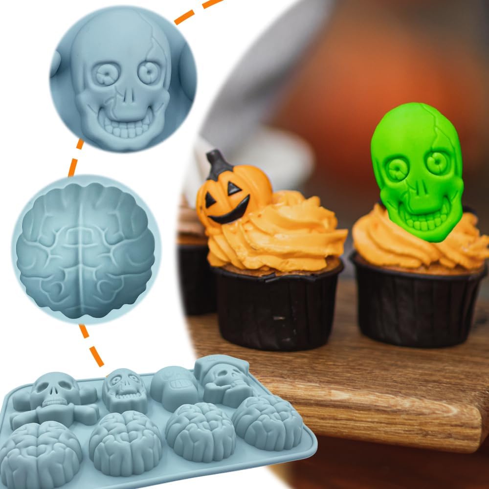 Molde de Silicona Halloween, 2 Cavidades, Calaveras y Cerebros
