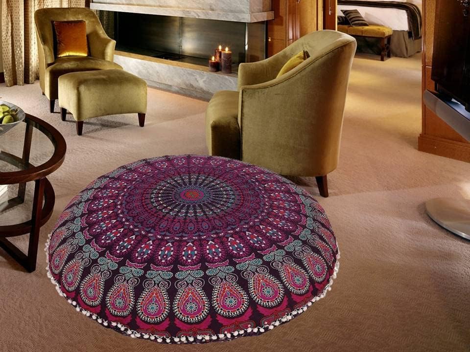 Funda bohemia para cojín, de 32 pulgadas, con diseño de mandala, para meditación, decorativa, otomana, grande, para exteriores, decoración del hogar, decoración de arte en el hogar, redonda, con pompones de algodón, cómoda