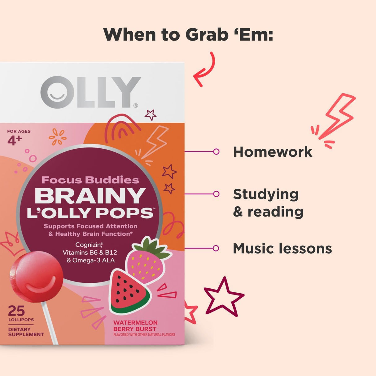 Lollipops OLLY para Niños, Omega-3, B6, B12, 25 Unidades