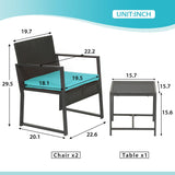 FDW Juego de 3 piezas de muebles de patio para exteriores, sillas de mimbre para patio, muebles de ratán para exteriores, patio, porche, piscina, césped, cojín azul