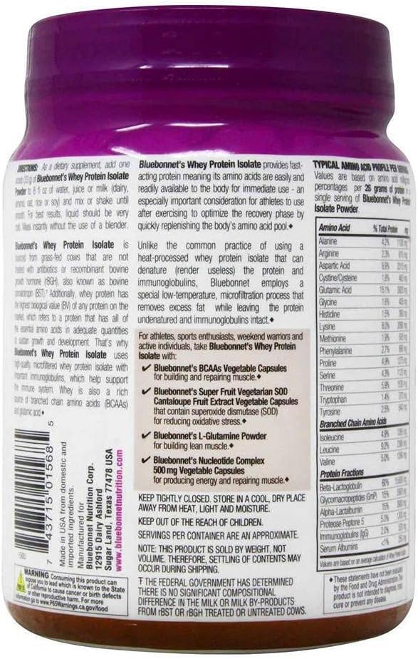 Proteína de Suero Aislada Bluebonnet, 26g, Sin Azúcar, 1lb
