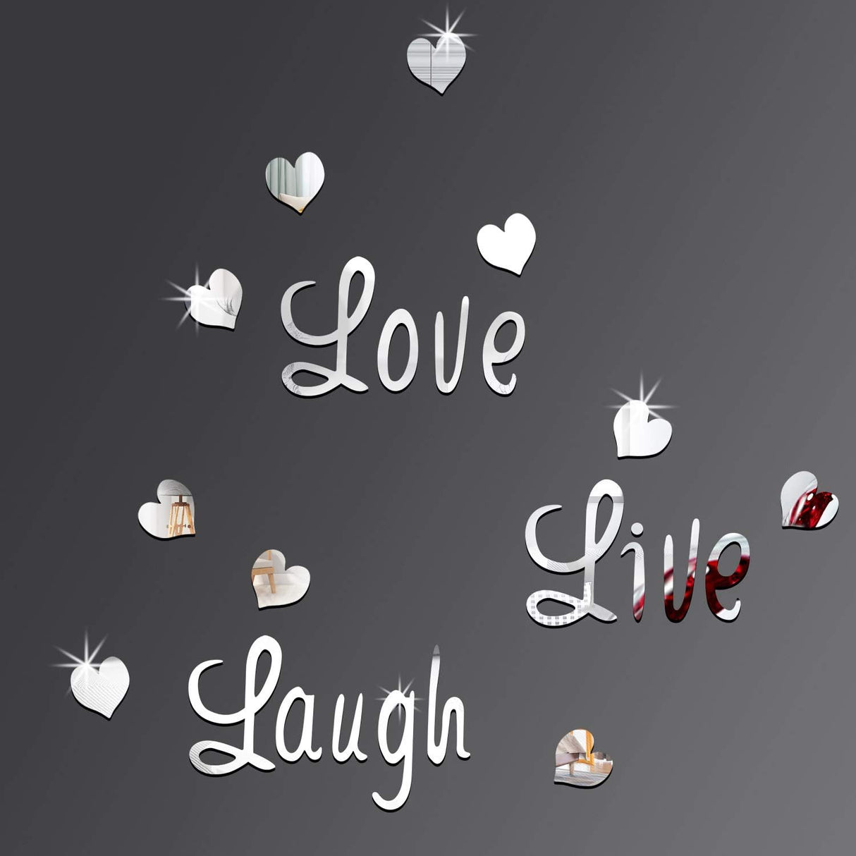 Vinilos decorativos Love Live Laugh, corazón espejo, DIY
