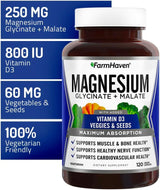 FarmHaven Magnesio Glicinato y Malato con D3, 120 cápsulas