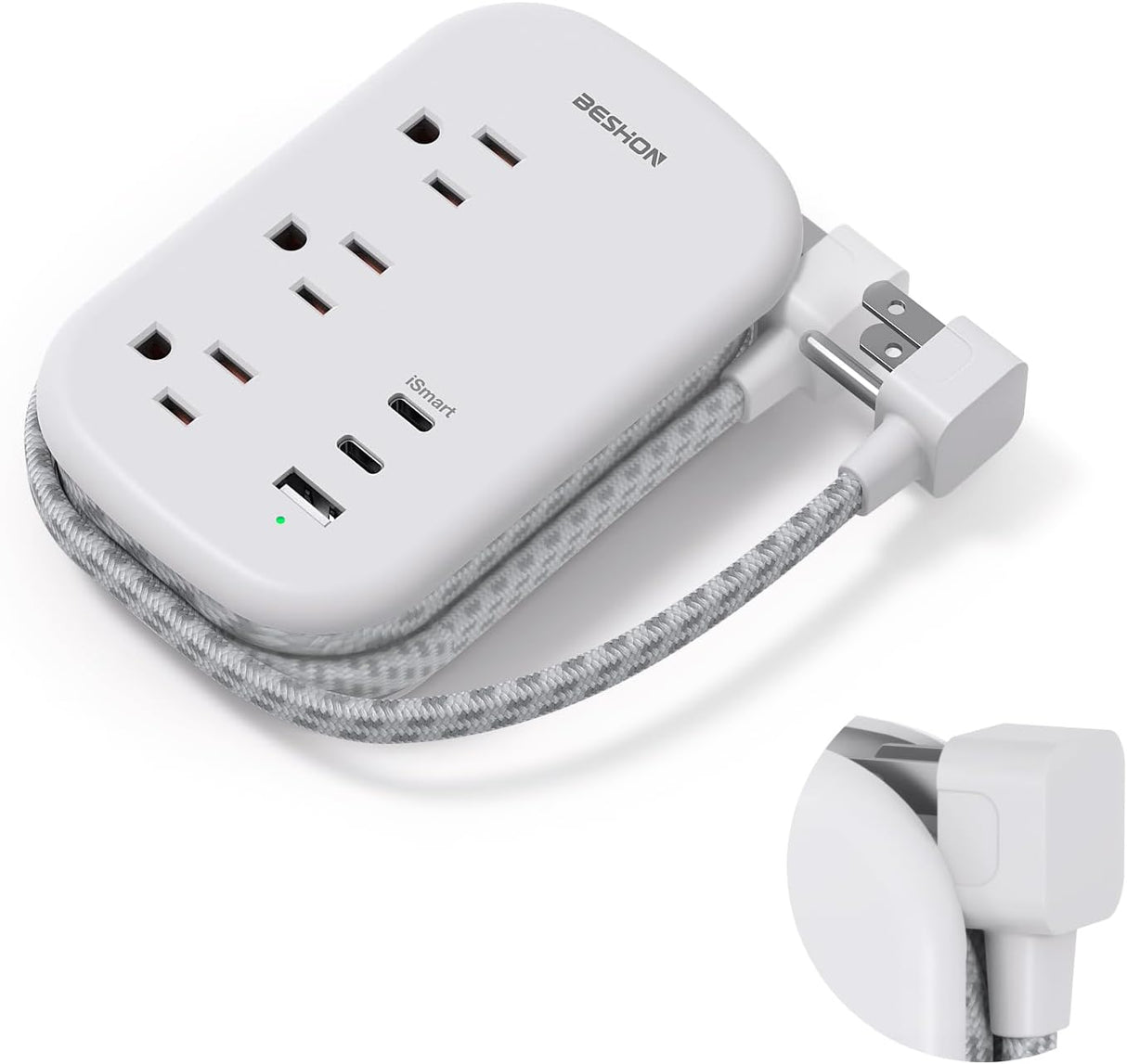 Tira de alimentación USB C de viaje, cable de extensión ultra plano, regleta de alimentación de enchufe plano, 3 salidas con 3 puertos USB (2 USB C), cable de extensión envuelto de 3.2 pies para