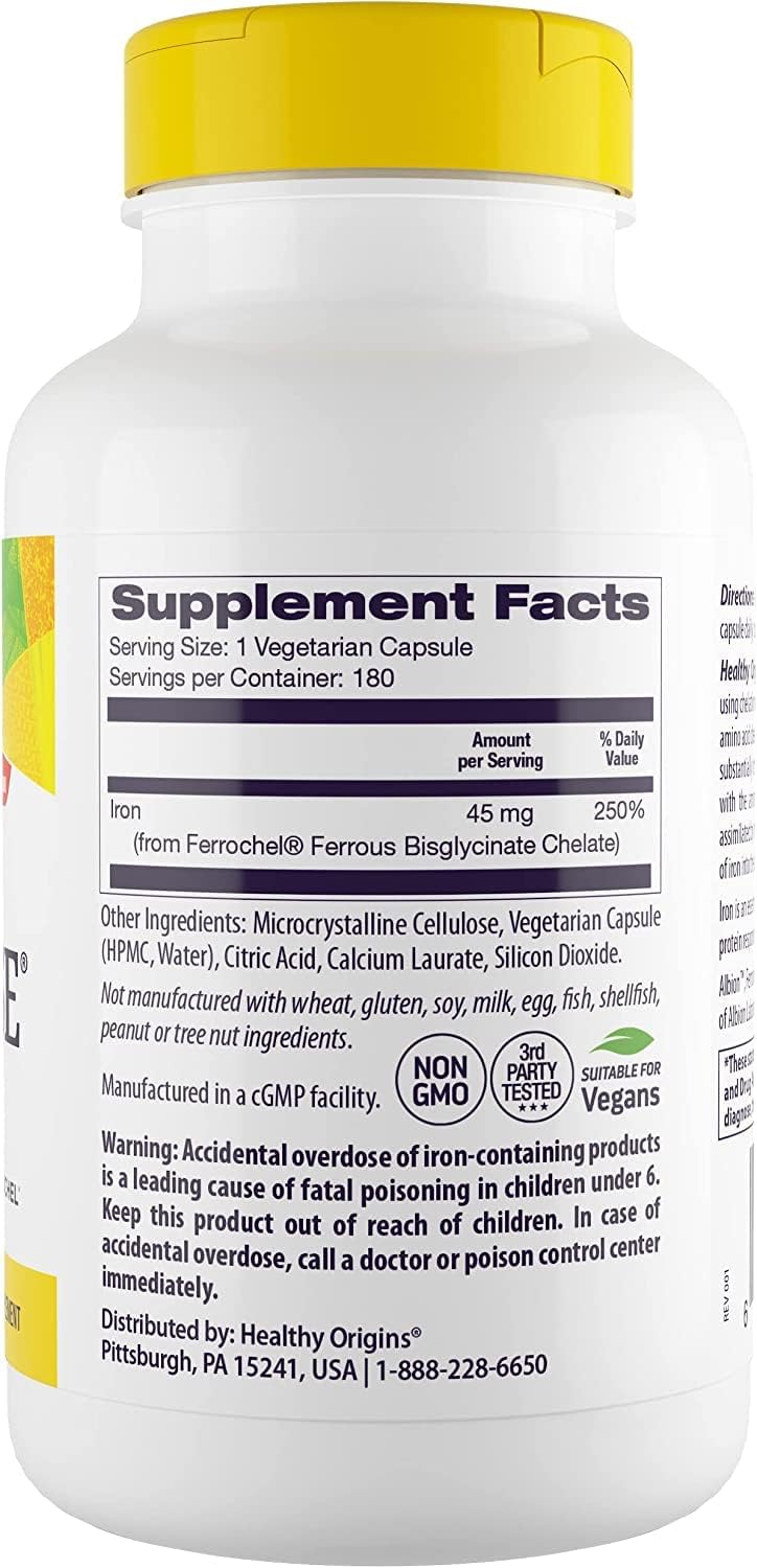Suplemento Healthy Origins Iron Ease (con Ferrochel), 45 mg