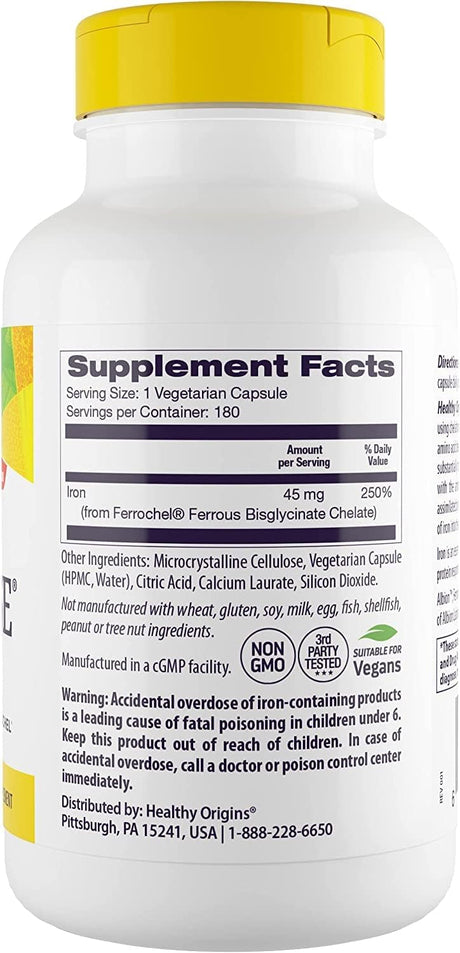 Suplemento Healthy Origins Iron Ease (con Ferrochel), 45 mg