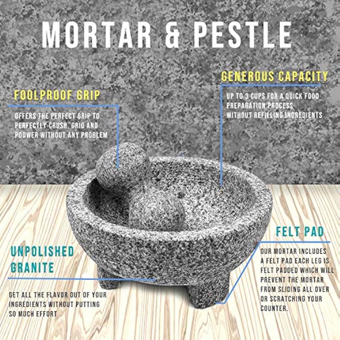 Set de mortero y maja de granito tazón de guacamole Molcajet