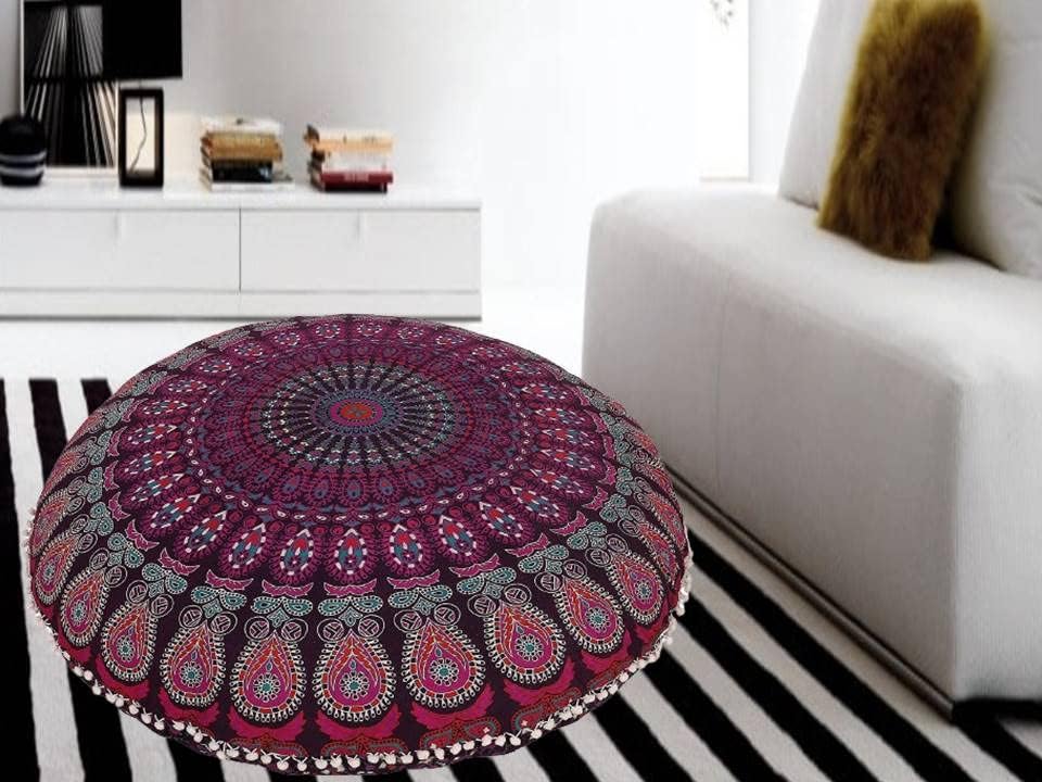 Funda bohemia para cojín, de 32 pulgadas, con diseño de mandala, para meditación, decorativa, otomana, grande, para exteriores, decoración del hogar, decoración de arte en el hogar, redonda, con pompones de algodón, cómoda