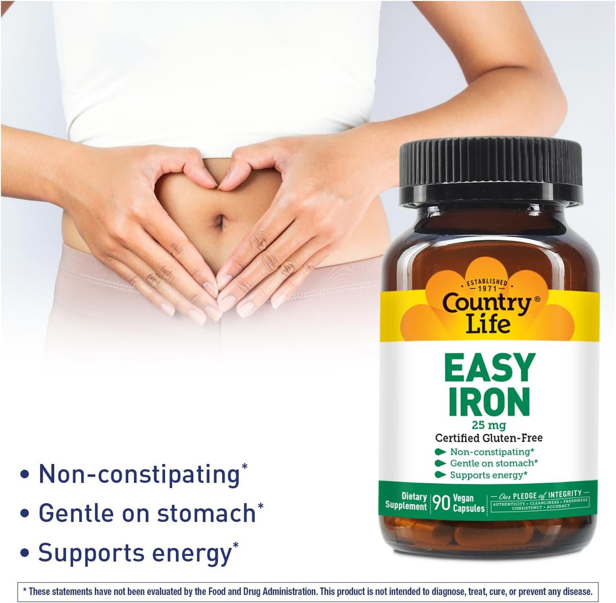 Suplemento de hierro fácil y vegano Country Life Ferrochel 25mg