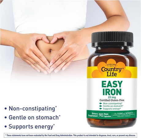 Suplemento de hierro fácil y vegano Country Life Ferrochel 25mg