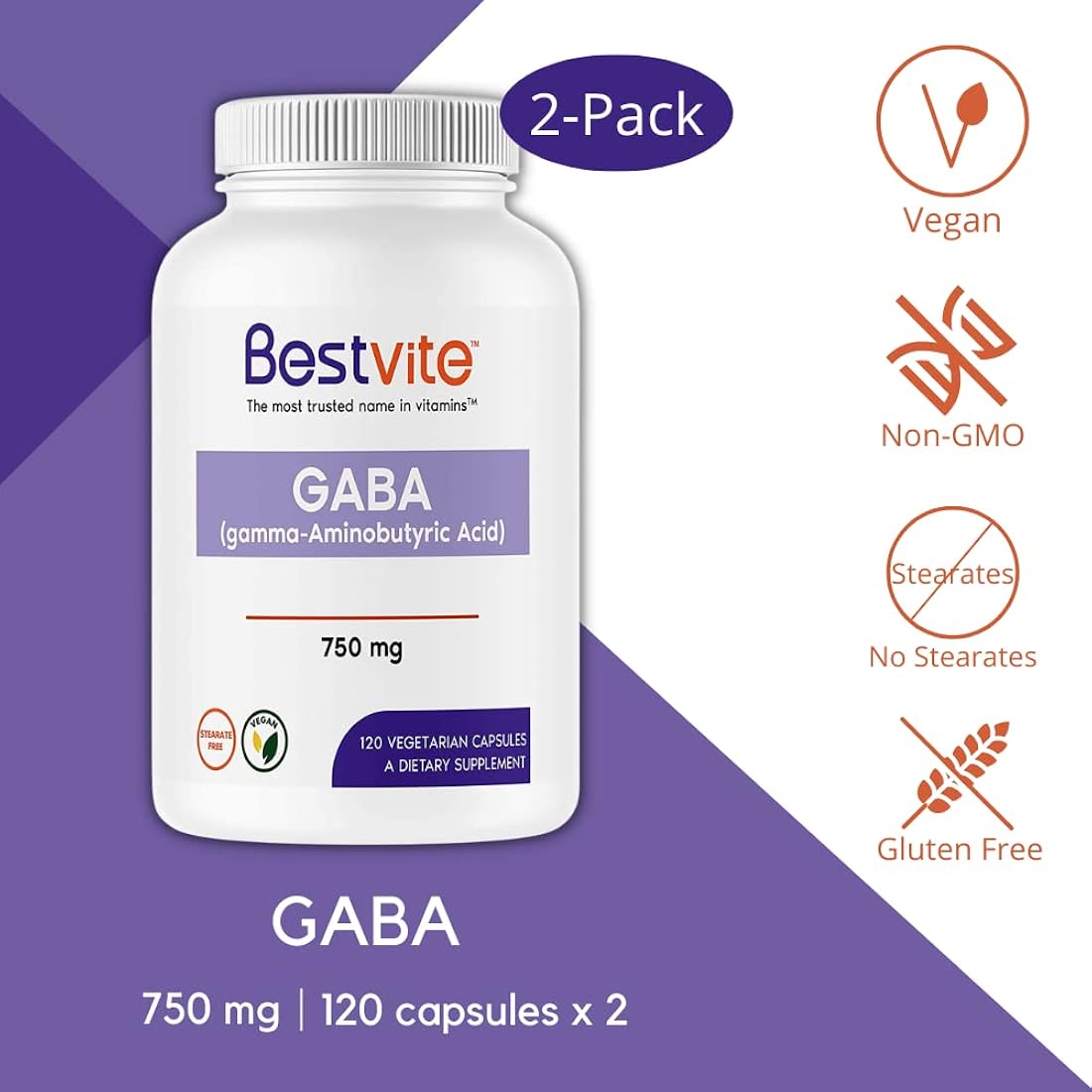 Suplemento GABA 750mg por cápsula  vegetarianas 120 x 2