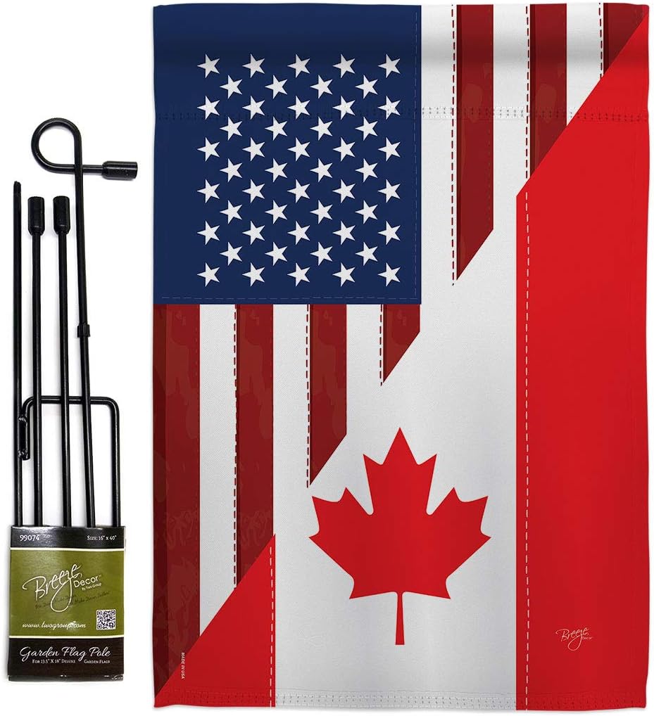 Breeze Decor Juego de bandera de jardín de la amistad de Canadá de Estados Unidos con soporte, de la Alianza Americana Regional Mundial de País Particular Decoración de la Casa Pancarta de Regalo de Patio Pequeño de doble cara, fabricada en Estados Unidos