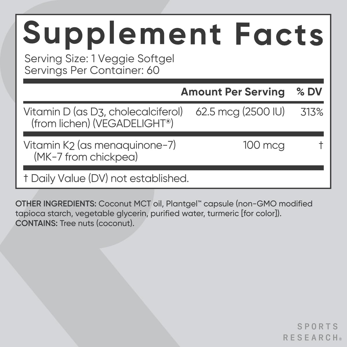 Suplemento D3 + K2, Sports Research, Vegano, 60 Softgels