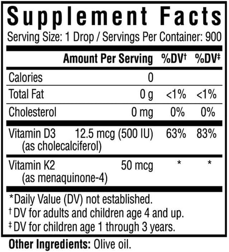 Vitamin D3 + K2 SeekHealth gotas, 12.5 + 50 mcg, niños 4+