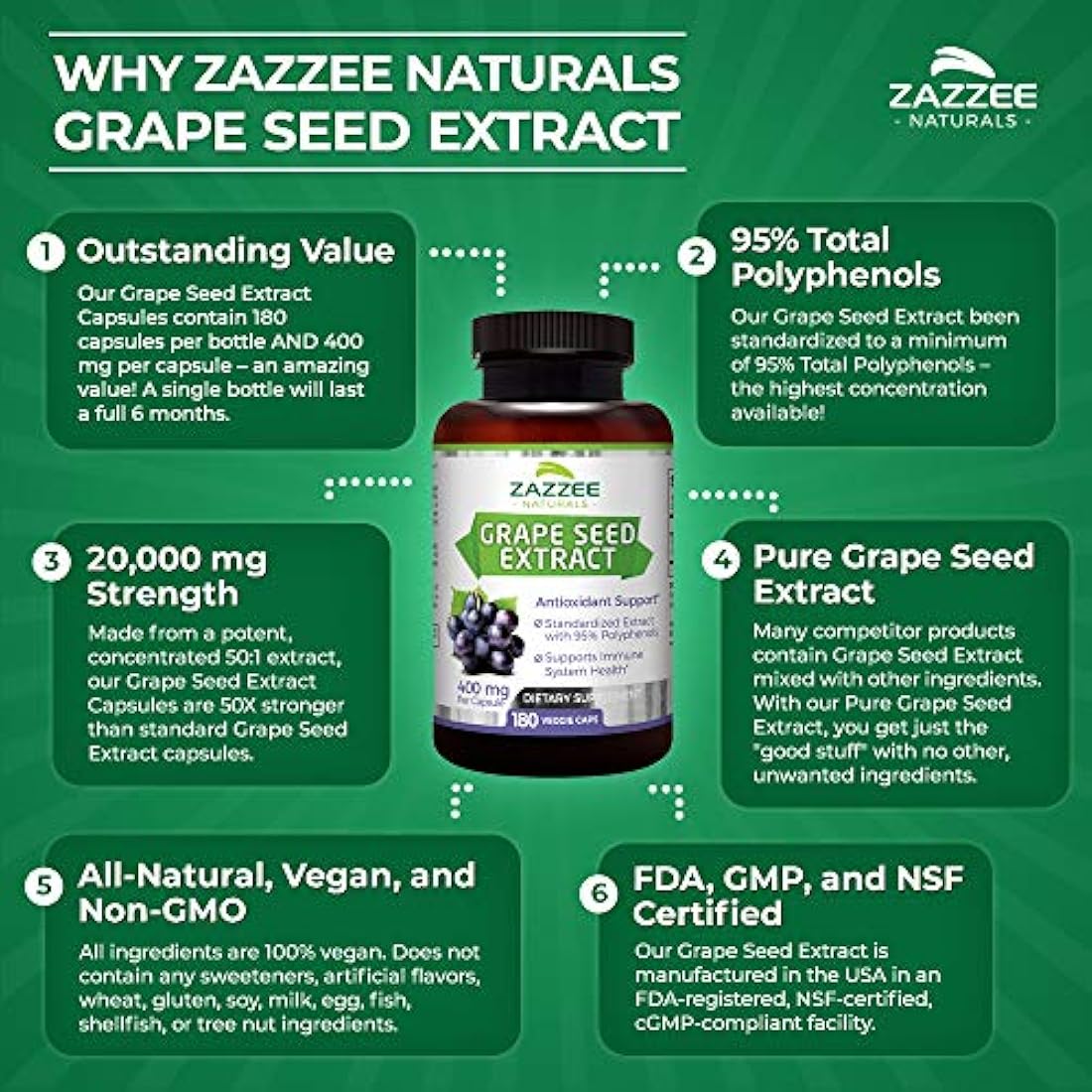 Zazzee Extracto de semilla de uva Fuerza máxima