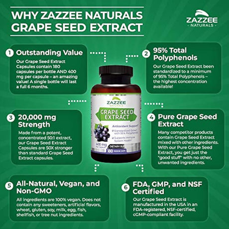 Zazzee Extracto de semilla de uva Fuerza máxima