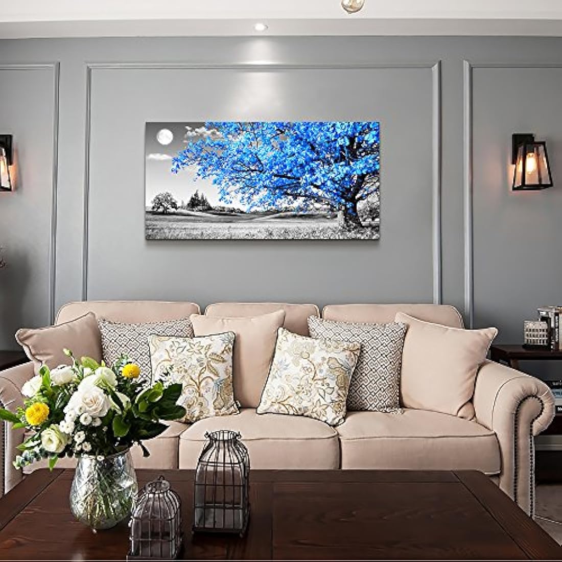 Arte de pared para sala de estar simple vida azul árbol luna