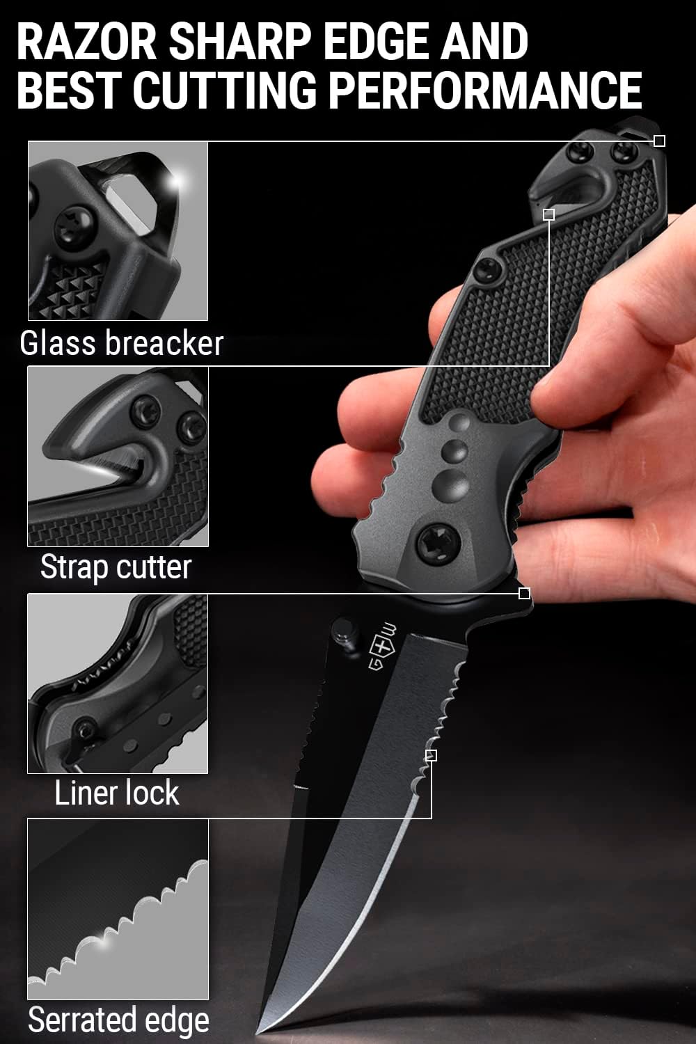 Cuchillo de bolsillo de hoja dentada plegable negro