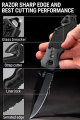 Cuchillo de bolsillo de hoja dentada plegable negro