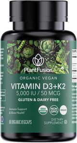 PlantFusion Vitamina D3 + K2 Orgánica Vegana 5000 IU, 60 Cápsulas