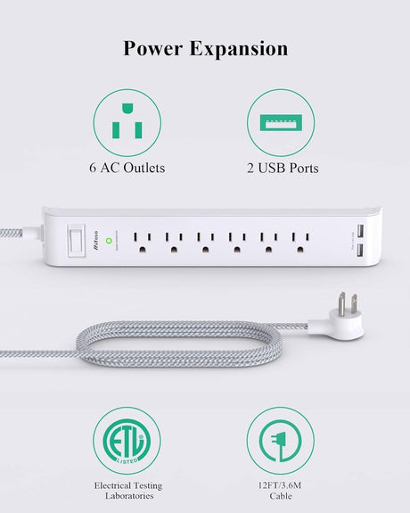 pack de 2 regletas de alimentación Cable de extensión de 12ft