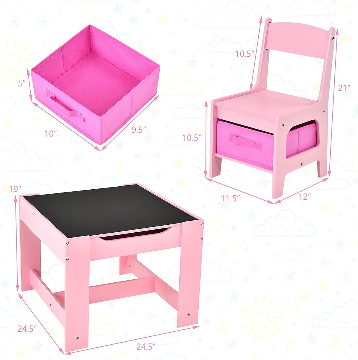 Mmesa y silla para niños de madera 3 en 1 con cajón rosa