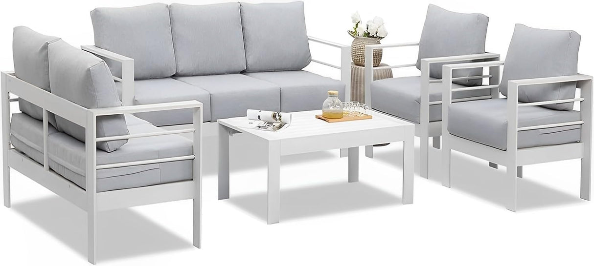Wisteria Lane Juego de muebles de patio de aluminio para exteriores, modernos juegos de conversación de patio, sofá modular de metal para exteriores con cojín de 5 pulgadas y mesa de centro para balcón, jardín, gris claro