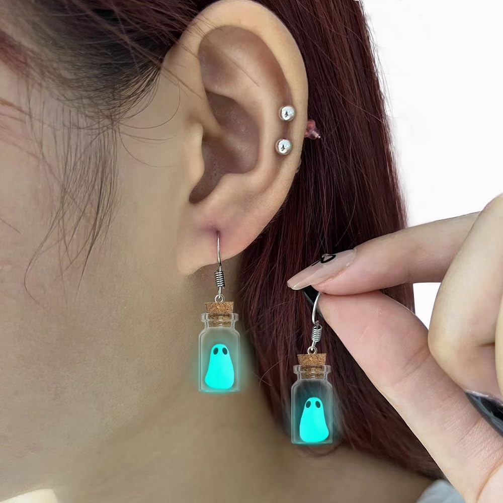 Pendientes Fantasma en Botella, Joyas Halloween, Brillantes