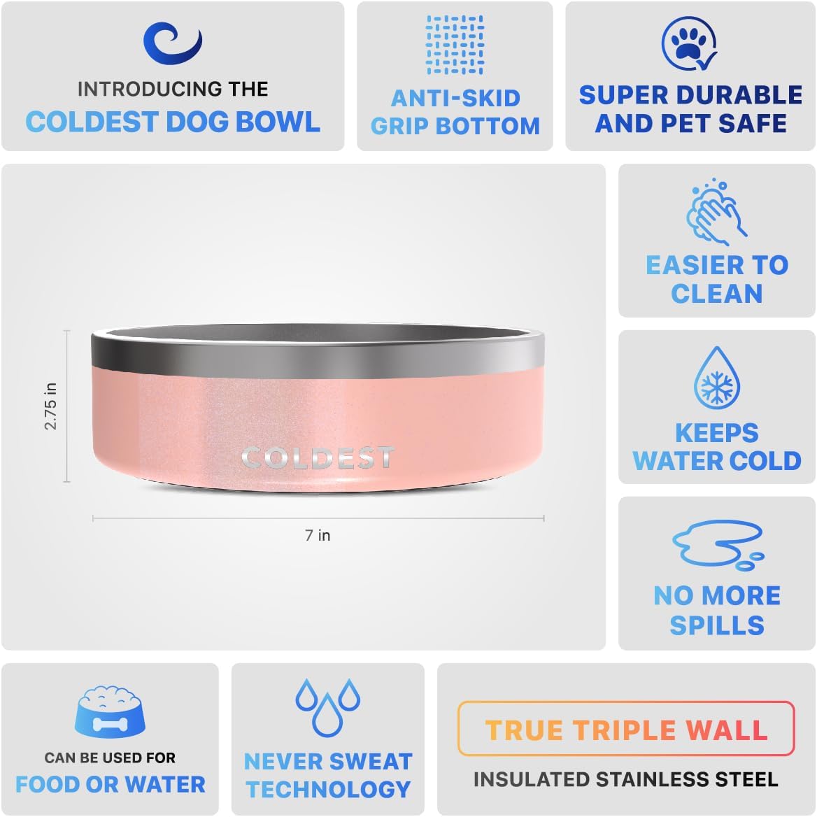Tazón Antideslizante para Perros Coldest, 3 Capas, 42 oz