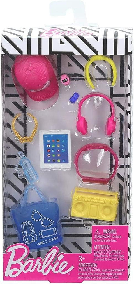 Kit de accesorios Barbie: boombox, audífonos, tablet, bolso y botella GHX34