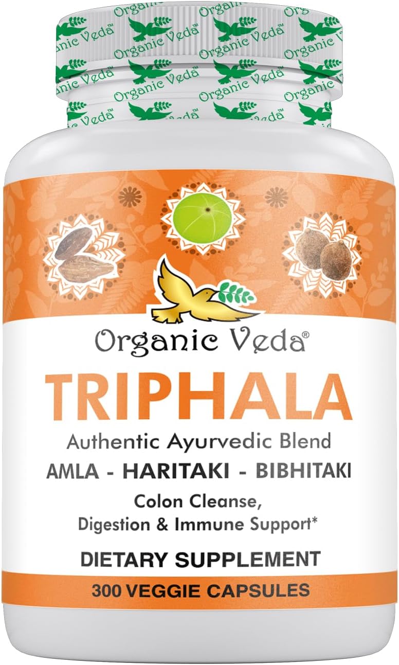 Polvo de Triphala Orgánico 300 Cápsulas - Organic Veda 1000mg