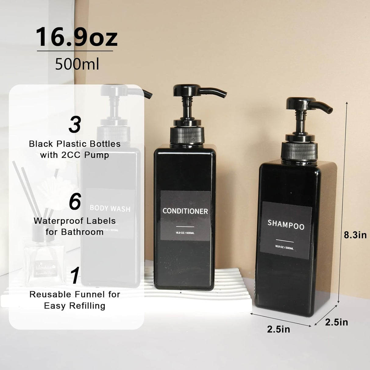 Dispensador de Champú y Acondicionador, Set de 3, 16.9oz