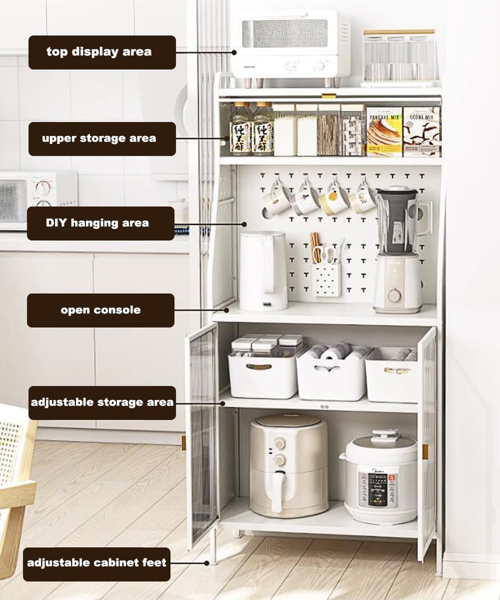 Estante de cocina para panadería con gabinete de puerta, soporte de microondas de 5 niveles