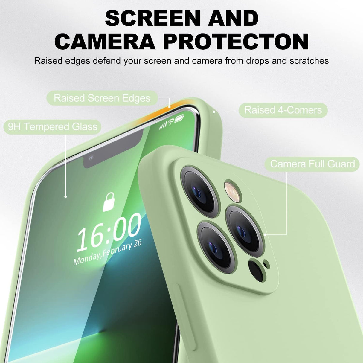 BossKiss Funda compatible con iPhone 13 Pro Max, funda de silicona líquida de alta calidad [tacto aterciopelado] [2 protectores de pantalla de vidrio templado 9H], funda de kit de protección completa a prueba de golpes, color matcha
