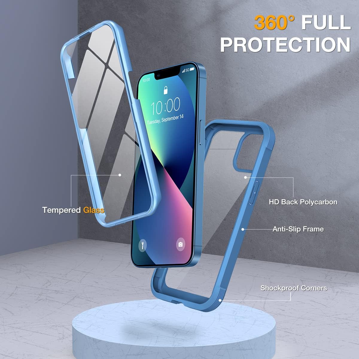 Miracase Funda compatible con iPhone 13 de 6.1 pulgadas, carcasa transparente de cuerpo completo con protector de pantalla de vidrio templado 9H integrado para iPhone 13 (Capri Blu)