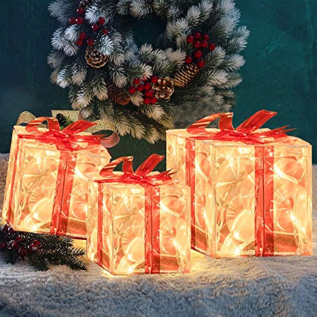 Juego de 3 cajas de regalo con luz LED de 60 unidades