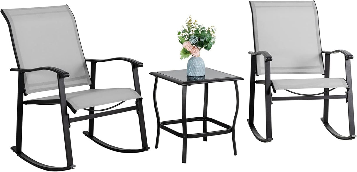 Vongrasig Juego de 3 piezas de muebles de patio pequeños de tela textileno, juego de muebles de patio pequeños, juego de conversación con mesa de vidrio para césped, jardín, balcón, piscina (gris claro)