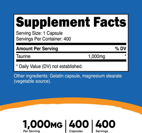Suplementos  Taurina 1000 mg, 400 cápsulas