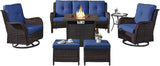 Belord Juego de muebles de patio al aire libre con mesa para fogata de propano, 7 piezas de mimbre para patio con 2 sillas giratorias mecedoras deslizantes, sofá de ratán, cojín azul, perfecto para