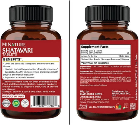 Shatavari Tablets de mi Nature -90 Tabletas, 1000mg  India
