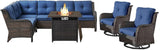 Belord Juego de muebles de sofá seccional para exteriores con mesa para fogata de propano, juego de conversación de mimbre para patio con 2 sillas giratorias mecedoras, cojín azul, perfecto para